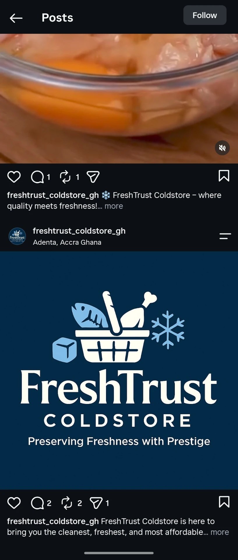 Full Instagram screenshot of the FreshTrust Coldstore page when they came to us