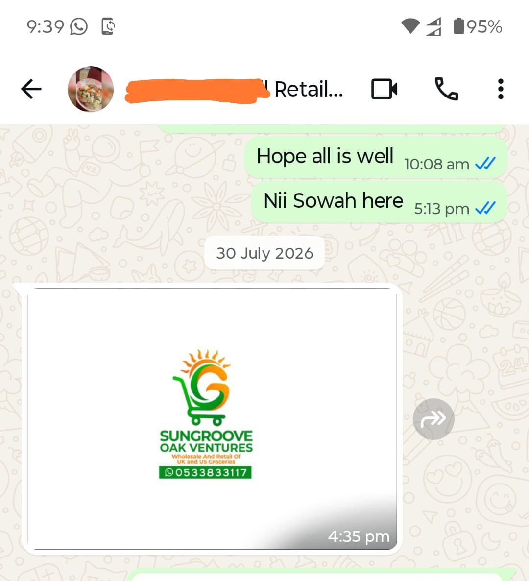 Full WhatsApp screenshot of what Sungroove Oak Ventures originally sent us